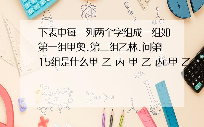 下表中每一列两个字组成一组如第一组甲奥.笫二组乙林.问第15组是什么甲 乙 丙 甲 乙 丙 甲 乙 .奥 林 匹 克 奥 林 匹 克 .