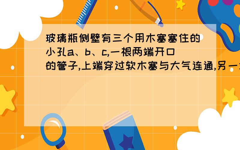 玻璃瓶侧壁有三个用木塞塞住的小孔a、b、c,一根两端开口的管子,上端穿过软木塞与大气连通,另一端浸没在液体中,管中的液面和b孔等高瓶中的液面比a孔高.正确的是：A 只有拔去a孔,水才会