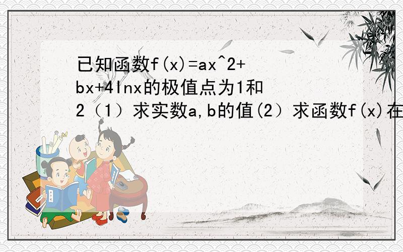 已知函数f(x)=ax^2+bx+4Inx的极值点为1和2（1）求实数a,b的值(2）求函数f(x)在区间（0,3]上的最大值