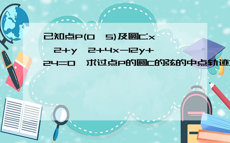 已知点P(0,5)及圆C:x*2+y*2+4x-12y+24=0,求过点P的圆C的弦的中点轨迹方程所求中点(x,y)、p点、圆心(-2,6) 三点构成直角三角形用勾股定理：得x^2+(y-5)^2+(x+2)^2+(y-6)^2=(2-0)^2+(6-5)^2