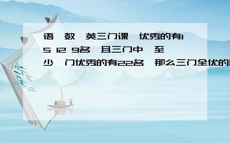 语,数,英三门课,优秀的有15 12 9名,且三门中,至少一门优秀的有22名,那么三门全优的最多,最少各几名