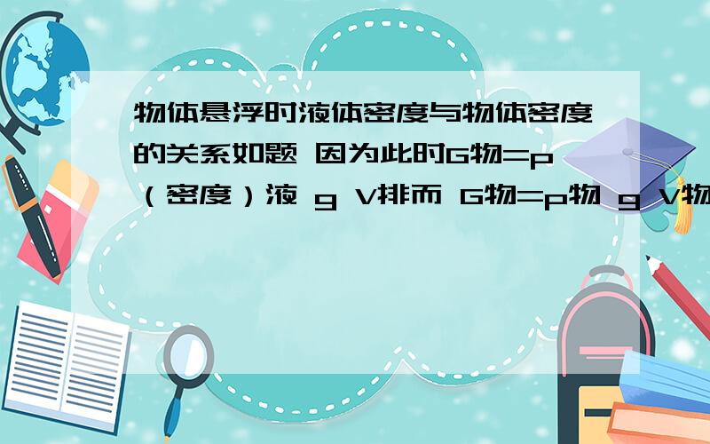 物体悬浮时液体密度与物体密度的关系如题 因为此时G物=p（密度）液 g V排而 G物=p物 g V物 在悬浮时候 V物=V排 所以 p液=没打完.p液=p物 但是又觉得不可能