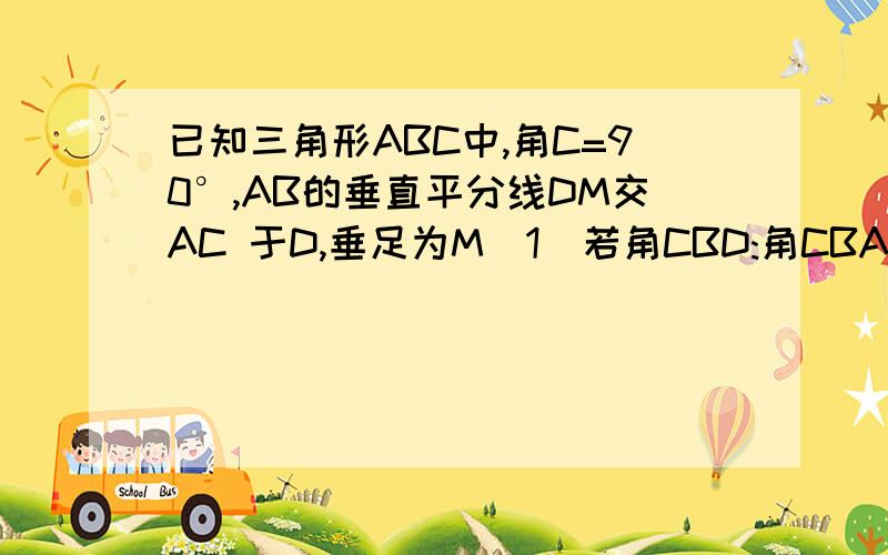 已知三角形ABC中,角C=90°,AB的垂直平分线DM交AC 于D,垂足为M(1)若角CBD:角CBA=4:7求∠A ;(2)若CD=5,BC=12,求三角形ABC面积