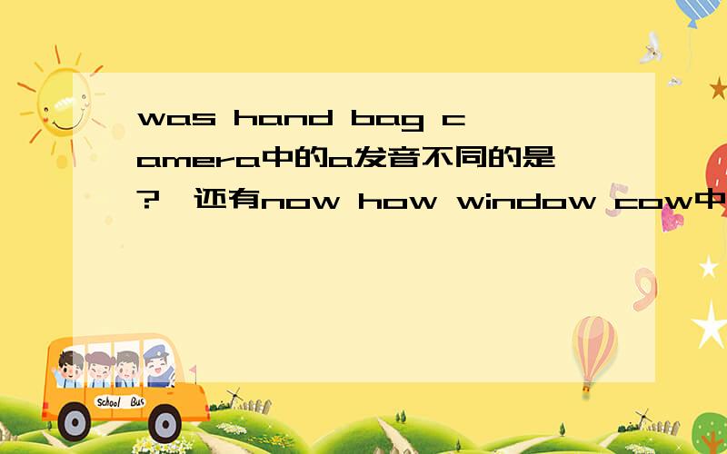 was hand bag camera中的a发音不同的是?,还有now how window cow中的ow发音不同的?birthday sunday way day中的ay发音不同的是?very present desk excited的前一个e发音不同的?please teacher bread read中的ea发音不同的?