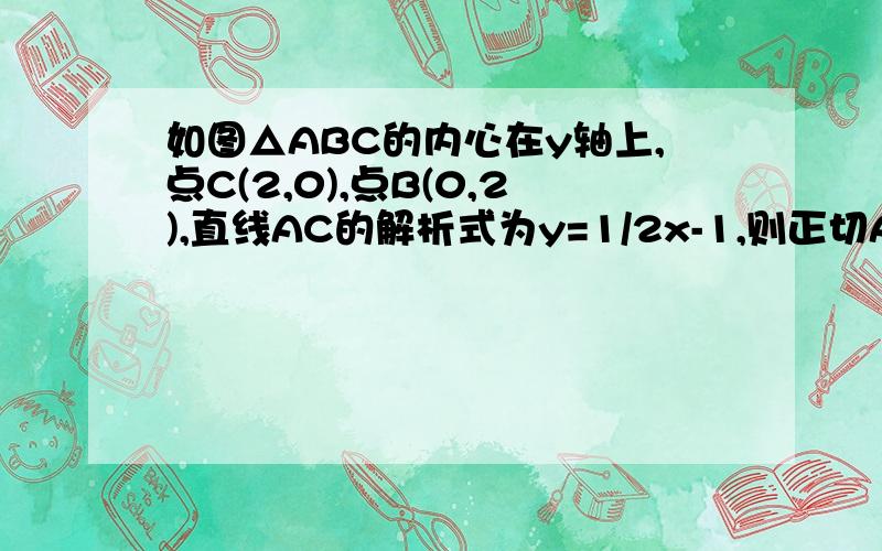 如图△ABC的内心在y轴上,点C(2,0),点B(0,2),直线AC的解析式为y=1/2x-1,则正切A是多少?也就是深圳2011数学中考题的第16题,但网上的答案都不是很准确,符号不要弄错,思路正确）谢谢