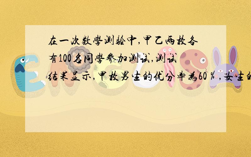 在一次数学测验中,甲乙两校各有100名同学参加测试,测试结果显示,甲校男生的优分率为60％,女生的优分率为40％,全校的优分率为49％（男女优分率=男女生优分人数/男女生测试人数*100％,全校