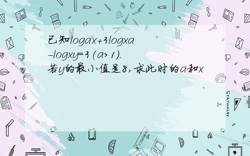 已知logax+3logxa-logxy=3(a>1).若y的最小值是8,求此时的a和x