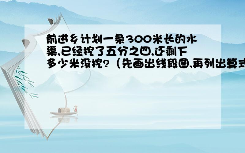 前进乡计划一条300米长的水渠,已经挖了五分之四,还剩下多少米没挖?（先画出线段图,再列出算式,不用计算