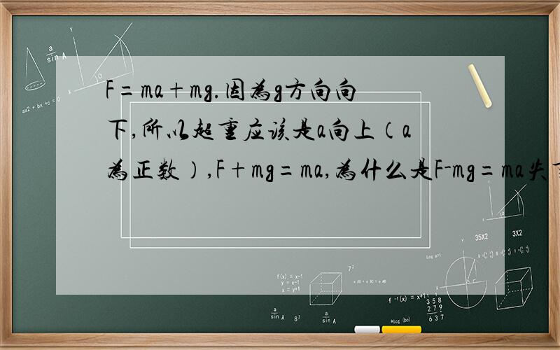 F=ma+mg.因为g方向向下,所以超重应该是a向上（a为正数）,F+mg=ma,为什么是F-mg=ma失重也是不懂g方向向下，应该是负数啊。还是说g没有方向呢？