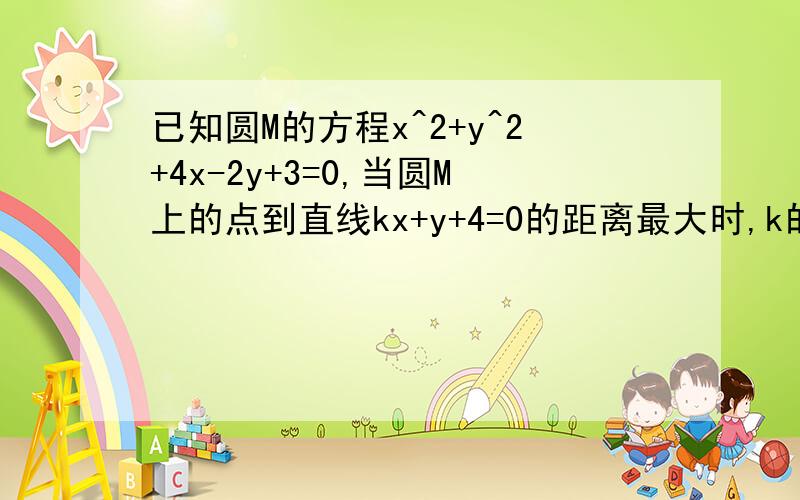 已知圆M的方程x^2+y^2+4x-2y+3=0,当圆M上的点到直线kx+y+4=0的距离最大时,k的值为?答案是2／5么