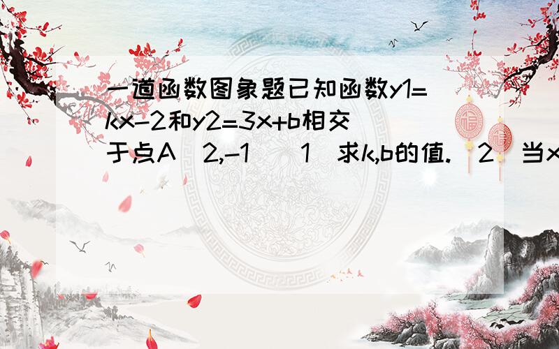 一道函数图象题已知函数y1=kx-2和y2=3x+b相交于点A（2,-1）（1）求k,b的值.（2）当x取何值时有①y1＜y2 ②y1≥y2（3）当x取何值时有①y1