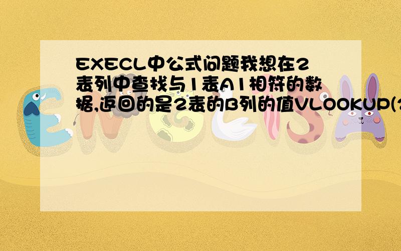 EXECL中公式问题我想在2表列中查找与1表A1相符的数据,返回的是2表的B列的值VLOOKUP(2表!A1,1表!$A$1:$B$10,2,0)中2代表什么?0代表什么?