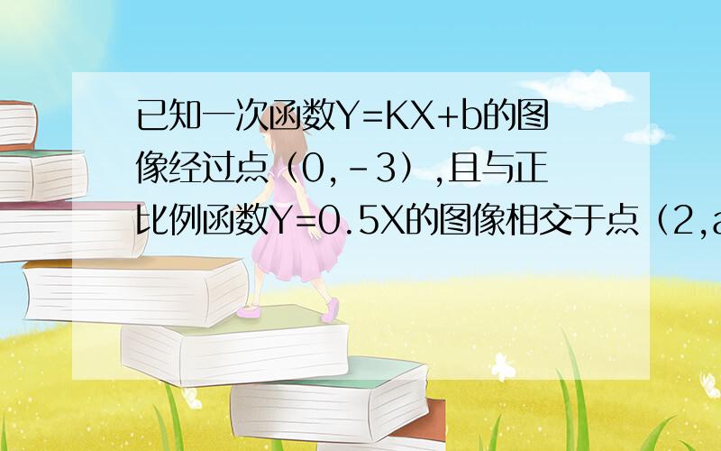 已知一次函数Y=KX+b的图像经过点（0,-3）,且与正比例函数Y=0.5X的图像相交于点（2,a）,求