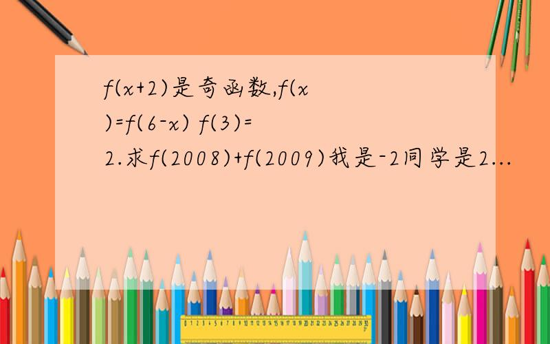 f(x+2)是奇函数,f(x)=f(6-x) f(3)=2.求f(2008)+f(2009)我是-2同学是2...