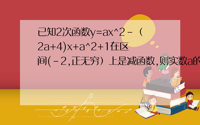 已知2次函数y=ax^2-（2a+4)x+a^2+1在区间(-2,正无穷）上是减函数,则实数a的取值范围是（ ）