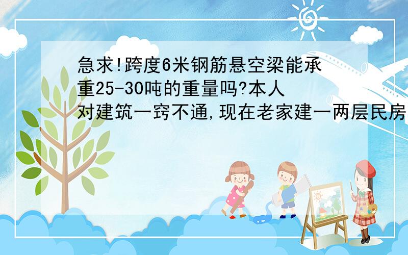 急求!跨度6米钢筋悬空梁能承重25-30吨的重量吗?本人对建筑一窍不通,现在老家建一两层民房.房屋用砖混结构 一层楼板下需做一 内空跨度6米的梁,梁上有4米高砖混24墙和2层预制楼板还有上面