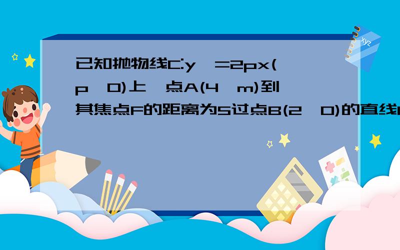 已知抛物线C:y^=2px(p>0)上一点A(4,m)到其焦点F的距离为5过点B(2,0)的直线l与抛物线C交于M、N两点,若三角形MFN的面积围4,求直线l的方程