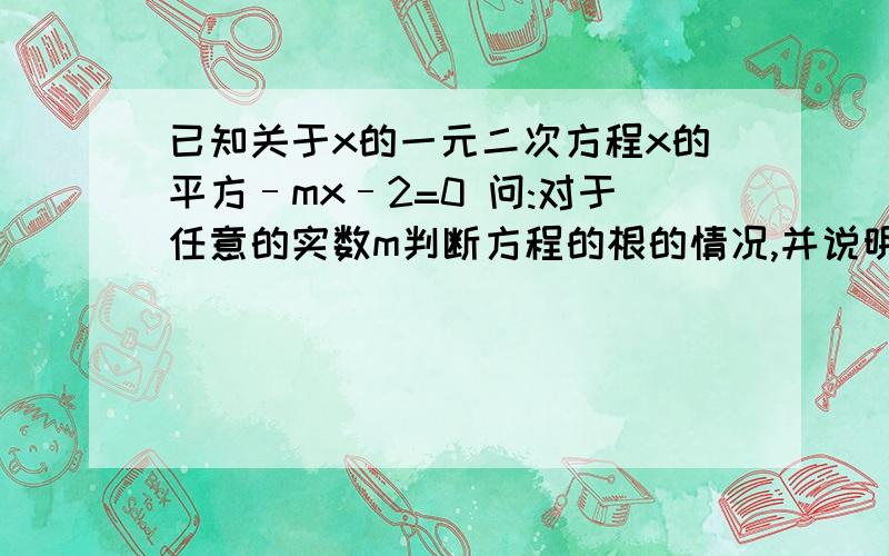 已知关于x的一元二次方程x的平方–mx–2=0 问:对于任意的实数m判断方程的根的情况,并说明理由