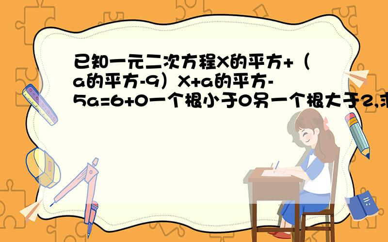 已知一元二次方程X的平方+（a的平方-9）X+a的平方-5a=6+0一个根小于0另一个根大于2,求a的取值范围