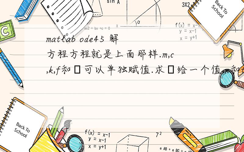 matlab ode45 解方程方程就是上面那样.m,c,k,f和φ可以单独赋值.求ω给一个值,x和t的关系,x一阶导数和t的关系.（它们的关系要画两幅图）然后,ω再给值,那两者之间的关系.这个有人会吗?谢谢!