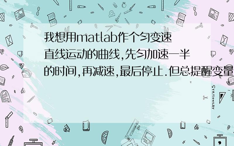 我想用matlab作个匀变速直线运动的曲线,先匀加速一半的时间,再减速,最后停止.但总提醒变量未定义clc;clear;t=0:0.01:1;S0=-0.25*pi;if t0.5a=-2*pi;V=a*(t-0.5);S=S0+a*0.5+0.5*a.*(t-0.5).^2endplot(t,V,'-or',t,S,'-oy');