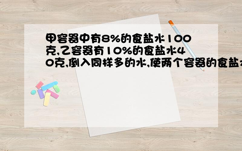 甲容器中有8%的食盐水100克,乙容器有10%的食盐水40克,倒入同样多的水,使两个容器的食盐水浓度一样,问倒入了多少克水?求方程和数学方法,