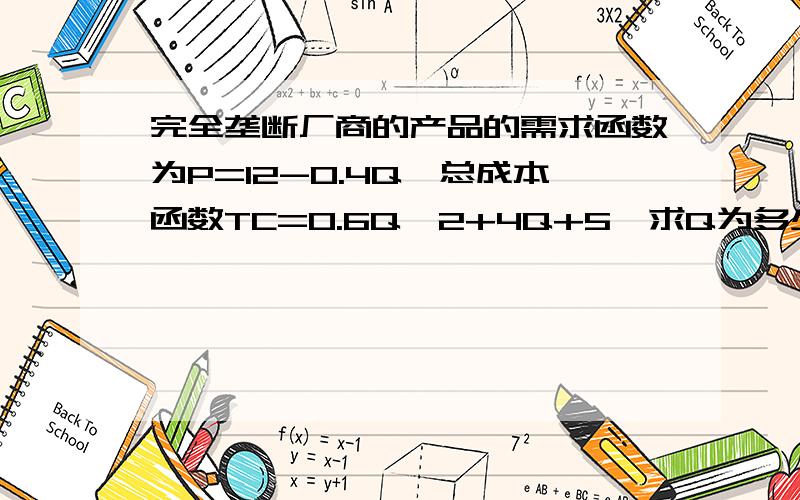 完全垄断厂商的产品的需求函数为P=12-0.4Q,总成本函数TC=0.6Q^2+4Q+5,求Q为多少时总利润最大,价格,总收益和总利润各为多少?