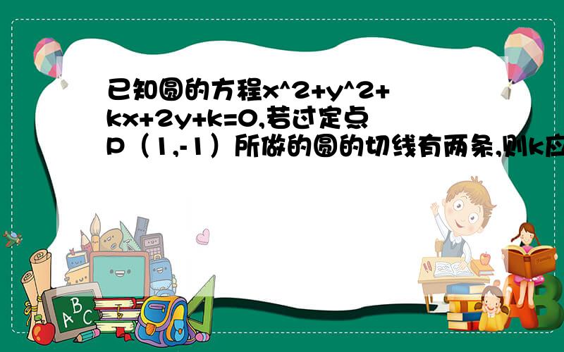 已知圆的方程x^2+y^2+kx+2y+k=0,若过定点P（1,-1）所做的圆的切线有两条,则k应满足的条件是