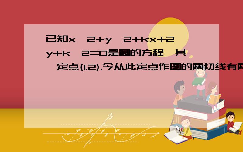 已知x*2+y*2+kx+2y+k*2=0是圆的方程,其一定点(1.2).今从此定点作图的两切线有两条,求K的范围