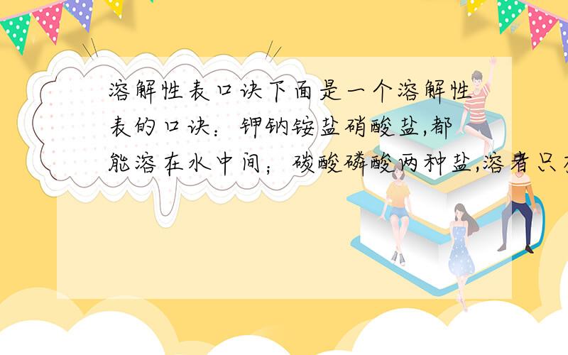 溶解性表口诀下面是一个溶解性表的口诀：钾钠铵盐硝酸盐,都能溶在水中间；碳酸磷酸两种盐,溶者只有钾钠铵；盐酸难溶银亚汞,硫酸难溶是钡铅；碱溶钾钠铵和钡,注意钙盐常是微.不理解