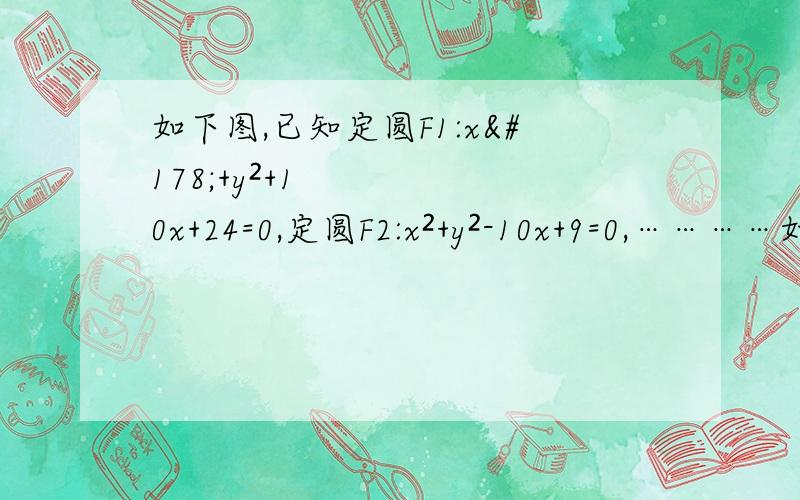 如下图,已知定圆F1:x²+y²+10x+24=0,定圆F2:x²+y²-10x+9=0,…………如下图,已知定圆F1:x²+y²+10x+24=0,定圆F2:x²+y²-10x+9=0,动圆M与定圆F1,F2都外切,求动圆圆心M的轨迹方程