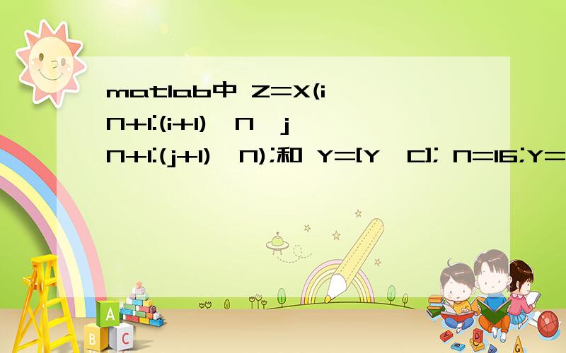 matlab中 Z=X(i*N+1:(i+1)*N,j*N+1:(j+1)*N);和 Y=[Y,C]; N=16;Y=[];Z=[];%生成空数组[m,n]=size(X); %确定矩阵的维数mm=m/N;nm=n/N;for i=0:mm-1for j=0:nm-1Z=X(i*N+1:(i+1)*N,j*N+1:(j+1)*N);C=reshape(Z,N*N,1);%将矩阵改造为N*N行1列Y=[Y,C]