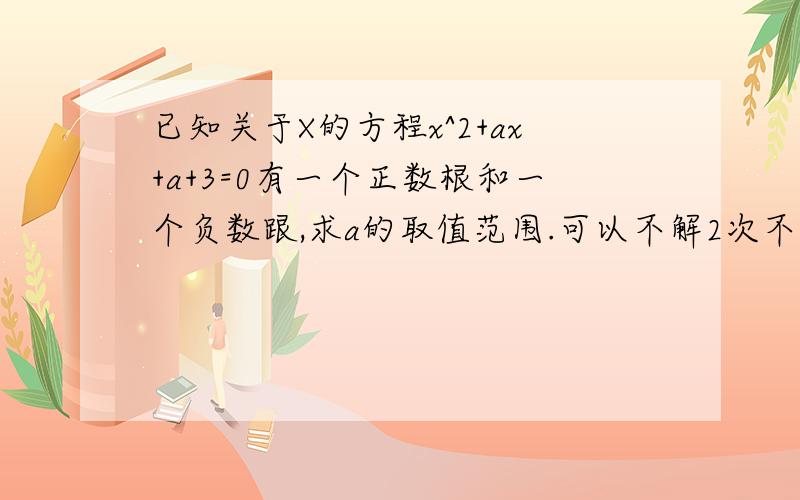 已知关于X的方程x^2+ax+a+3=0有一个正数根和一个负数跟,求a的取值范围.可以不解2次不等式来解吗?liu30003000，谢谢你的回答但有个问题：不用考虑△吗?