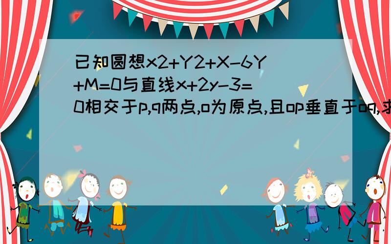 已知圆想x2+Y2+X-6Y+M=0与直线x+2y-3=0相交于p,q两点,o为原点,且op垂直于oq,求实数m的值由x+2y-3=0得x=3-2y代入x2+y2+x-6y+m=0化简得：5y2-20y+12+m=0y1+y2=4,y1•y2= (12+m)/5我想问的是以上最后一步y1•y2= (12