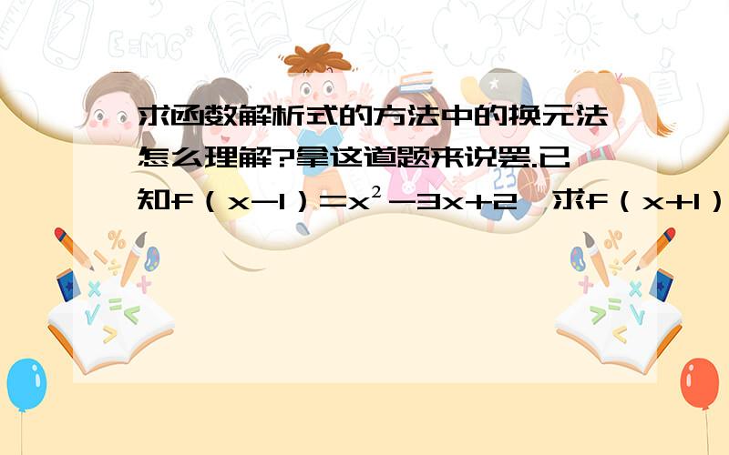 求函数解析式的方法中的换元法怎么理解?拿这道题来说罢.已知f（x-1）=x²-3x+2,求f（x+1）的解析式如果采用换元法,则有x-1=t,即x=t+1于是f（t）=(t+1）²-3(t+1）+2接下来为什么要把函数解析