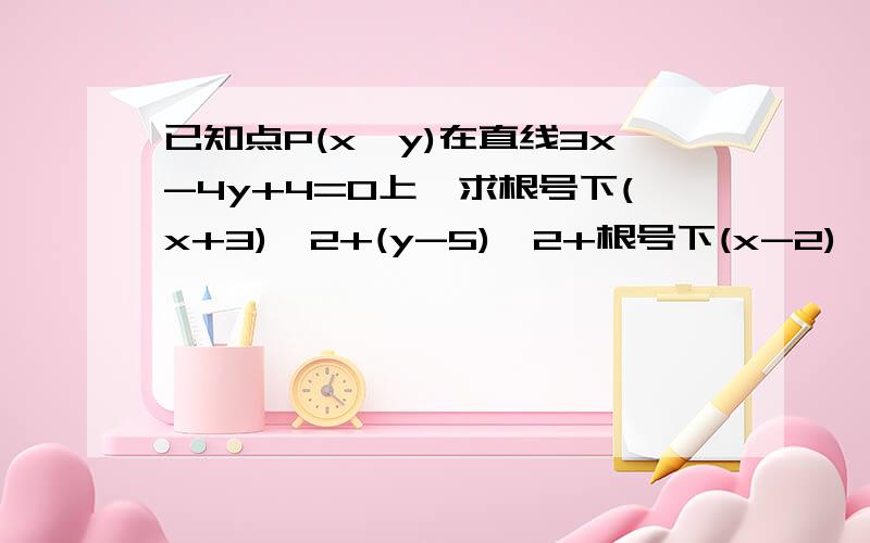 已知点P(x,y)在直线3x-4y+4=0上,求根号下(x+3)^2+(y-5)^2+根号下(x-2)^2+(y-15)^2的最小值