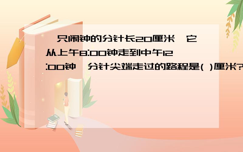 一只闹钟的分针长20厘米,它从上午8:00钟走到中午12:00钟,分针尖端走过的路程是( )厘米?