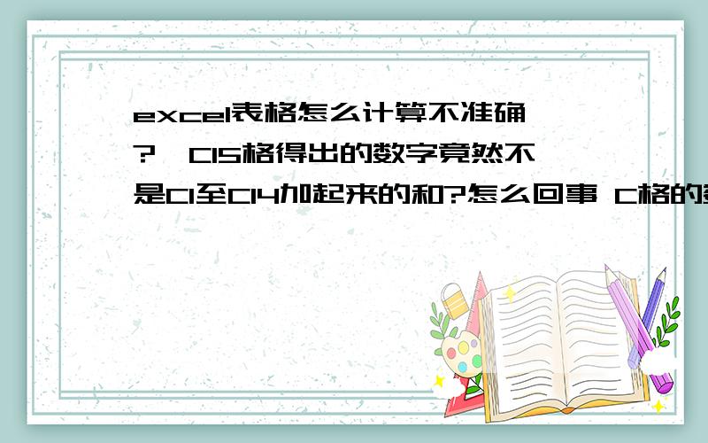 excel表格怎么计算不准确?、C15格得出的数字竟然不是C1至C14加起来的和?怎么回事 C格的数字是A列除以B列,