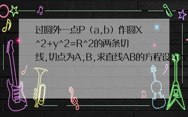 过圆外一点P（a,b）作圆X^2+y^2=R^2的两条切线,切点为A,B,求直线AB的方程设A(x1,y1) B(x2,y2)以A为切点的切线方程x1x+y1y=r^2以B为切点的切线方程x2x+y2y=r^2ax1+by1=r^2ax2+by2=r^2答案我总知道,以A为切点的切