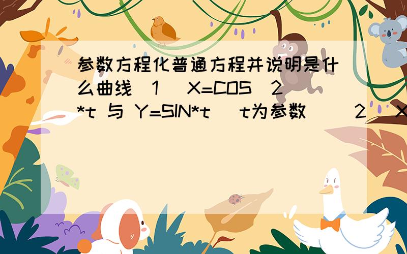 参数方程化普通方程并说明是什么曲线(1) X=COS^2*t 与 Y=SIN*t (t为参数) (2) X=(1-t^2)/(1+t^2) 与 Y=2t/1+t^2 (t为参数)