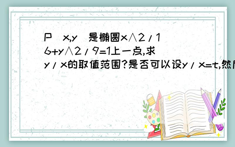P（x,y）是椭圆x∧2/16+y∧2/9=1上一点,求y/x的取值范围?是否可以设y/x=t,然后和椭圆的方程联立求范围?