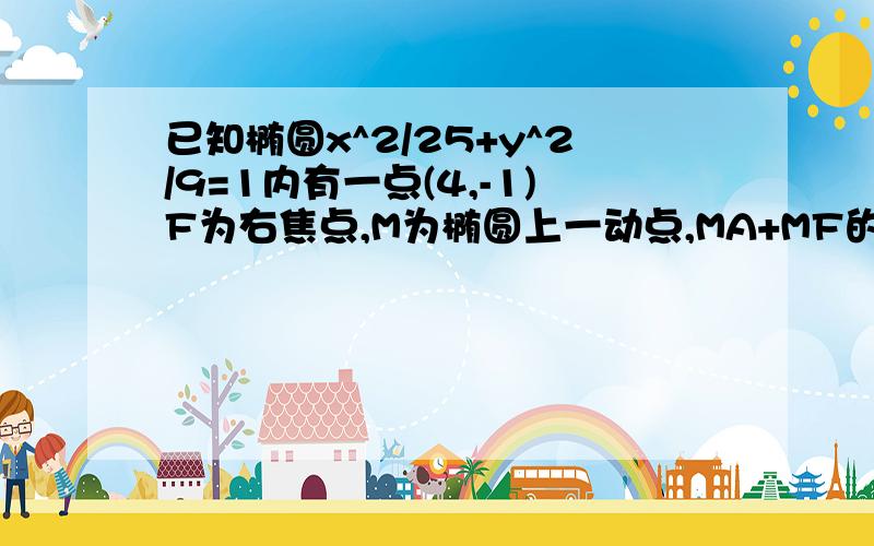 已知椭圆x^2/25+y^2/9=1内有一点(4,-1)F为右焦点,M为椭圆上一动点,MA+MF的最小值（详解）