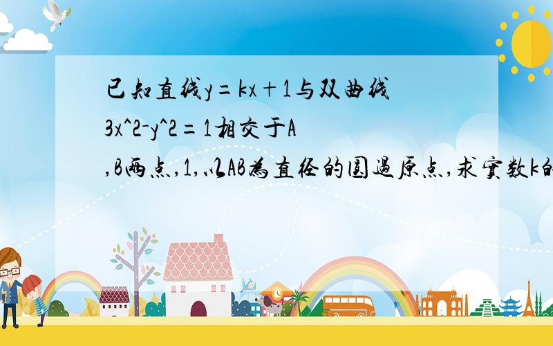 已知直线y=kx+1与双曲线3x^2-y^2=1相交于A,B两点,1,以AB为直径的圆过原点,求实数k的值