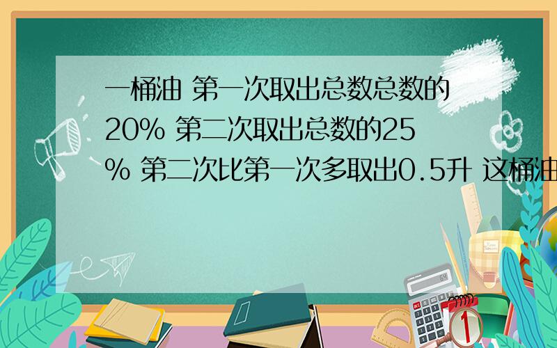 一桶油 第一次取出总数总数的20% 第二次取出总数的25% 第二次比第一次多取出0.5升 这桶油有多少升