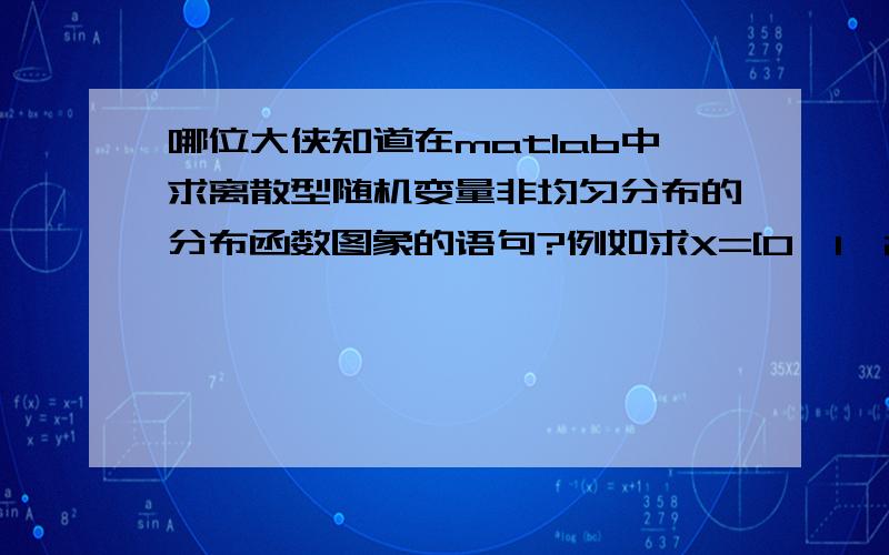 哪位大侠知道在matlab中求离散型随机变量非均匀分布的分布函数图象的语句?例如求X=[0,1,2,3,4,5];P=[1/12,1/6,1/3,1/12,2/9,1/9];X的分布函数