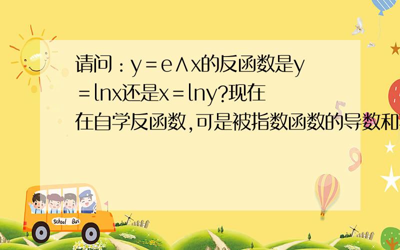 请问：y＝e∧x的反函数是y＝lnx还是x＝lny?现在在自学反函数,可是被指数函数的导数和其反函数的导数的乘积为－1.我被彻底搞坏了