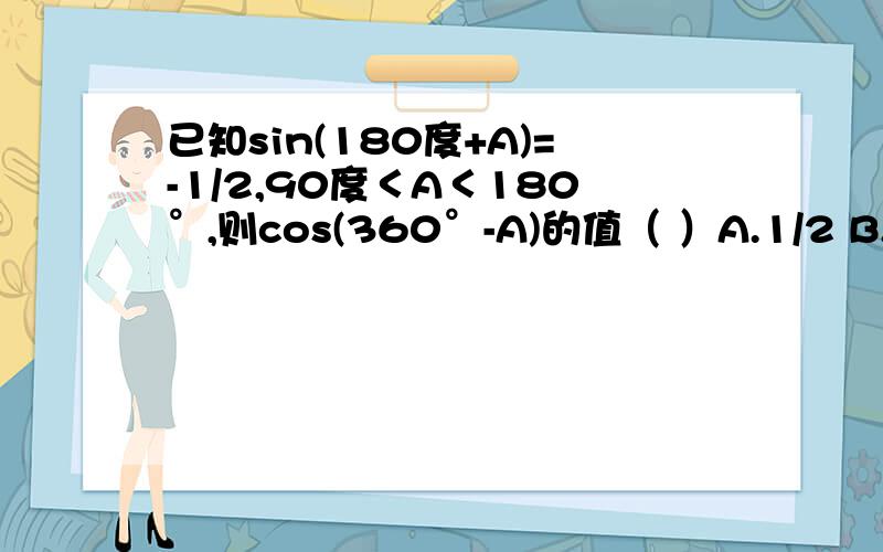 已知sin(180度+A)=-1/2,90度＜A＜180°,则cos(360°-A)的值（ ）A.1/2 B.±√3/2 C.√3/2 D.-√3/