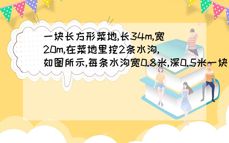 一块长方形菜地,长34m,宽20m,在菜地里挖2条水沟,如图所示,每条水沟宽0.8米,深0.5米一块长方形菜地,长34m,宽20m, 在菜地里挖2条水沟,如图所示,每条水沟宽0.8米,深0.5米,一共要挖出多少平方米的土