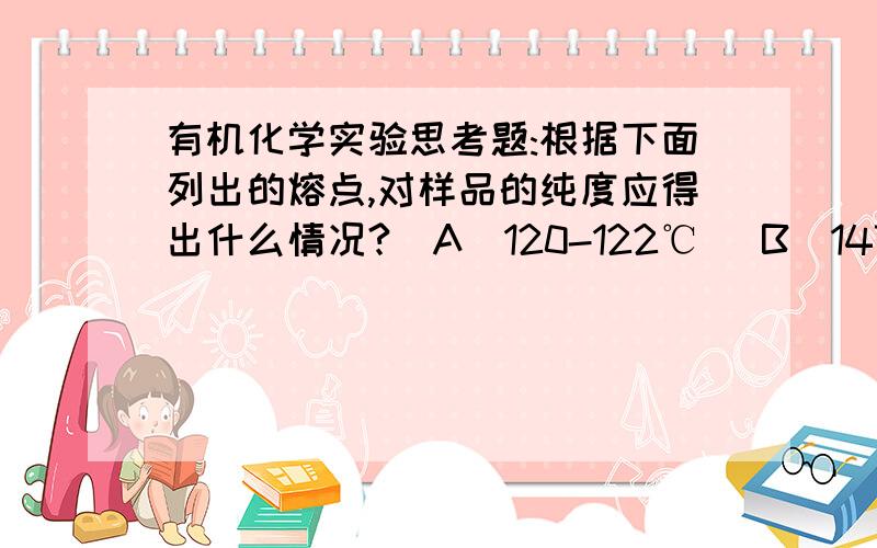 有机化学实验思考题:根据下面列出的熔点,对样品的纯度应得出什么情况?(A)120-122℃ (B)147℃（分解） (C)46-60℃ (D)162.5-163.5℃