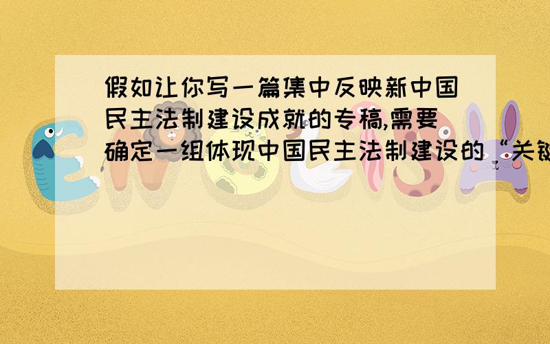 假如让你写一篇集中反映新中国民主法制建设成就的专稿,需要确定一组体现中国民主法制建设的“关键词”.下列选项中表达最确切的一组是( )A.有法可依、有法必依、公平正义B.执法必严、